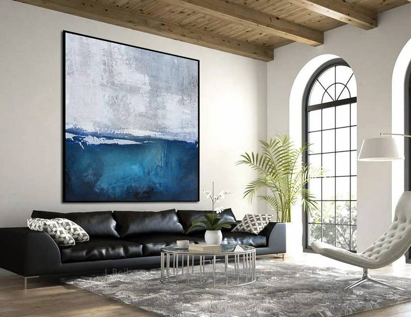 Modern Original Handmade Blue Coastal Abstract Canvas Wall Art J7LI2